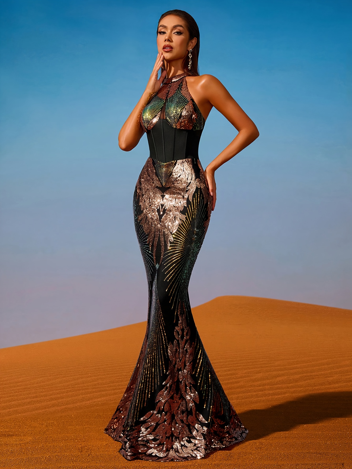 gold sequin dress with black collar Stand Collar Sequin Prom Dress XJ1579