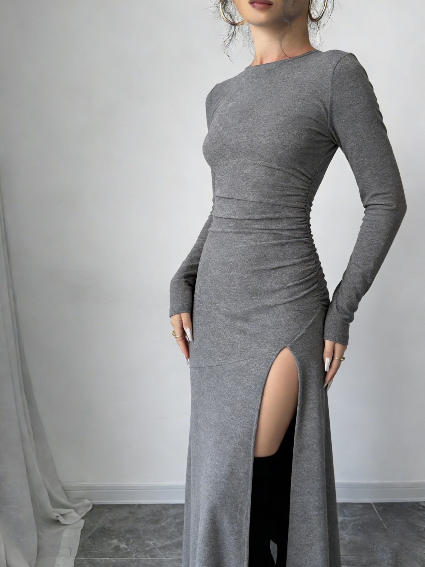 Grey Long-sleeved, Fitted, High-slit Fishtail Maxi Dress | *-fitting,  Pleated, Flattering * Sophisticated Style; Suitable for * Including Work,  Dates, and Parties.