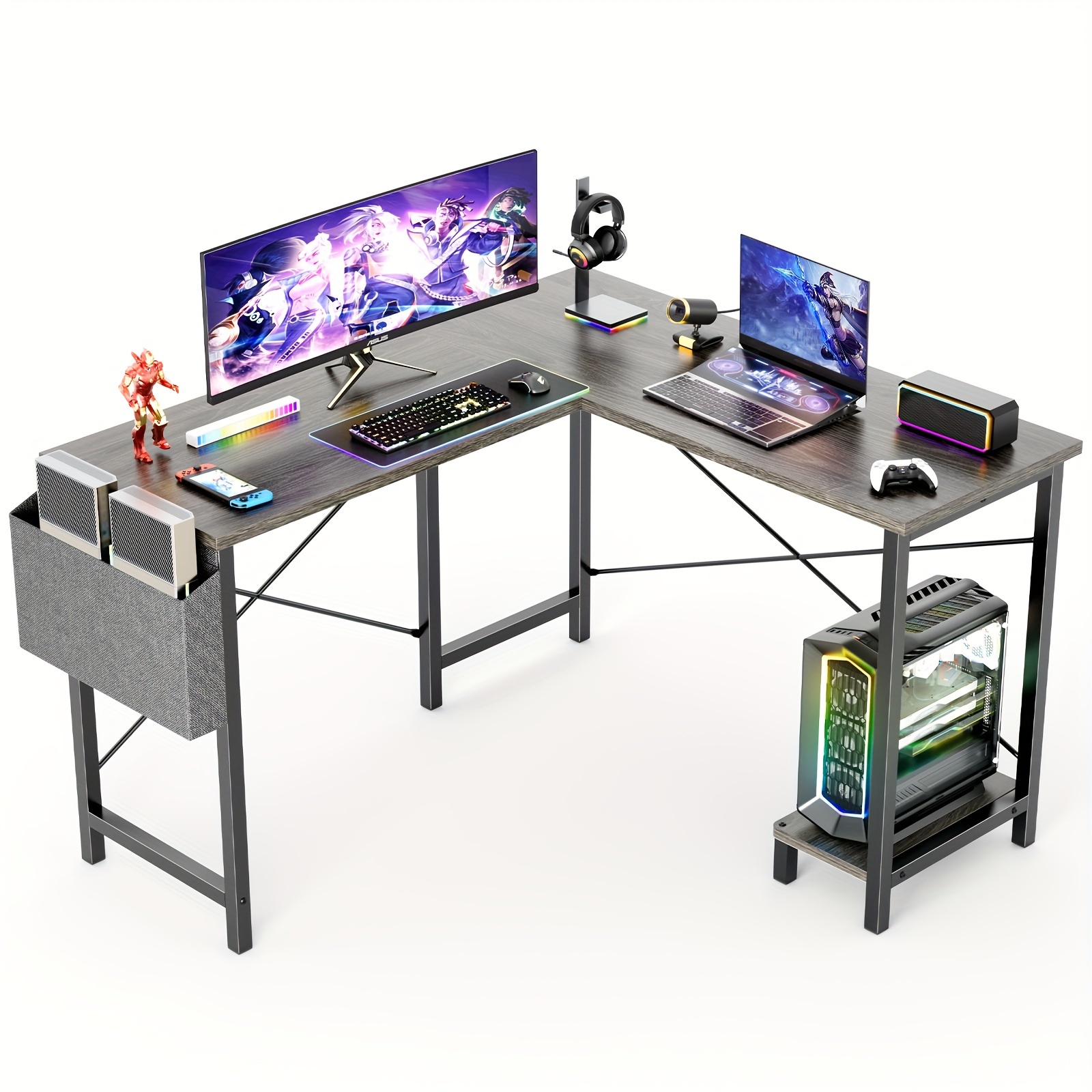 L Shaped Computer Desk Gaming Table 50 Inch PC Desk Study Desks with Wooden Desktop CPU Stand Side Bag Reversible for Home Office Dorm Small Space