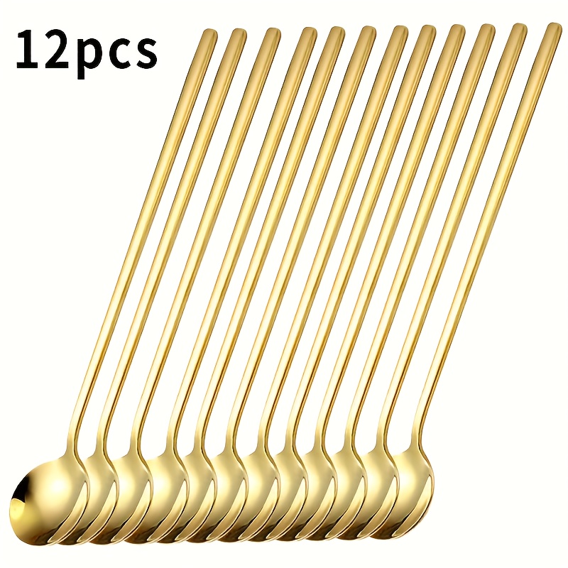 TEMU Set Of 12 Long-handled Stirring Spoons, Coffee Spoons, Teaspoons, Stainless Steel Long Spoons, Round Spoons, Dessert Spoons, Stirring Spoons,