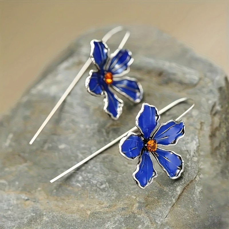 

Vintage Blue Enamel Flower Design Dangle Ears Bohemianvacation Style Silver Plated Jewelry Trend Female Gift