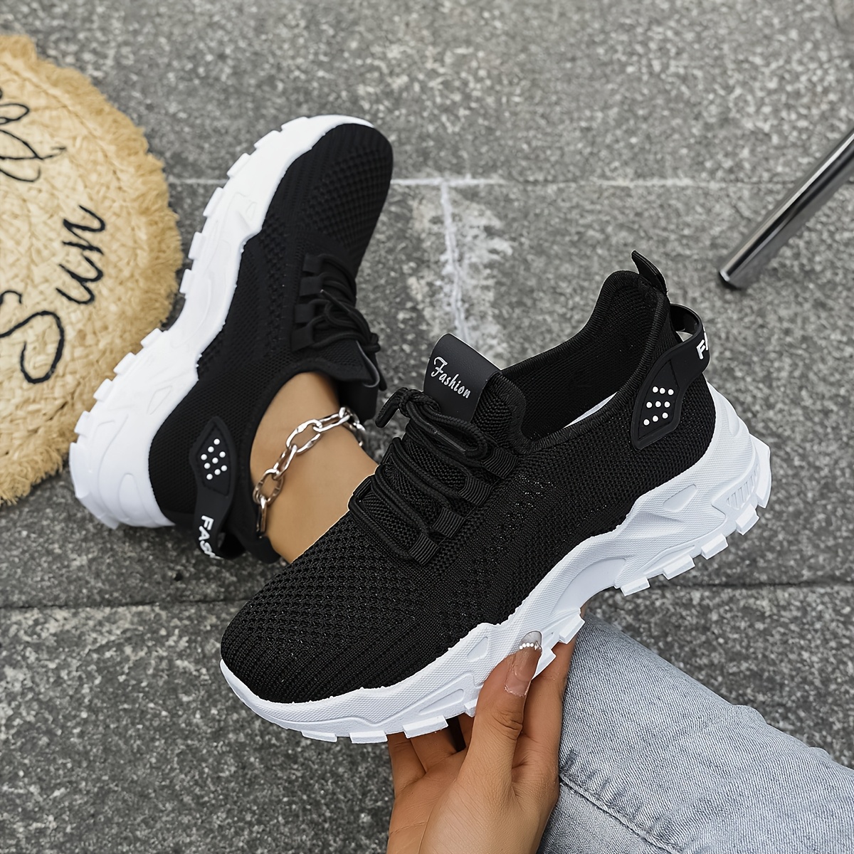 Image of New Arrival Ladies White Knit Chunky Dad Sneakers, Cushion Insole Platform Walking Shoes, Breathable Mesh Non Slip Casual Sports Footwear