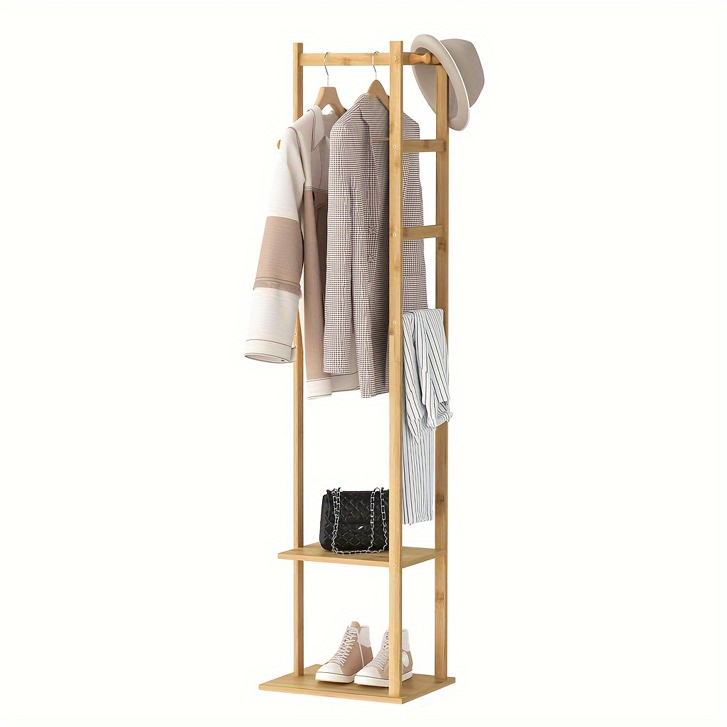 TEMU 4 In 1 Bamboo Corner Hallway Coat Rack Garment Stand With 2-tier Storage Shelves 3pcs Hanger Hooks, Freestanding Entryway Bedroom Organizer