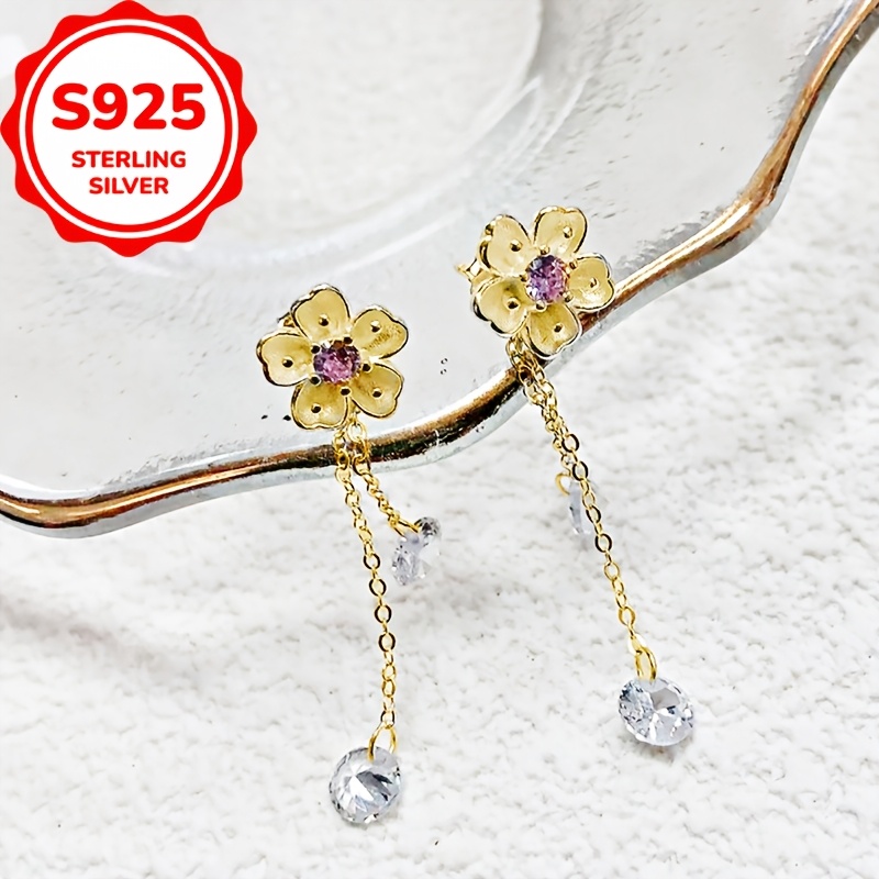 Women's S925 Sterling Silver Fresh Floral Long Earrings with Tassel