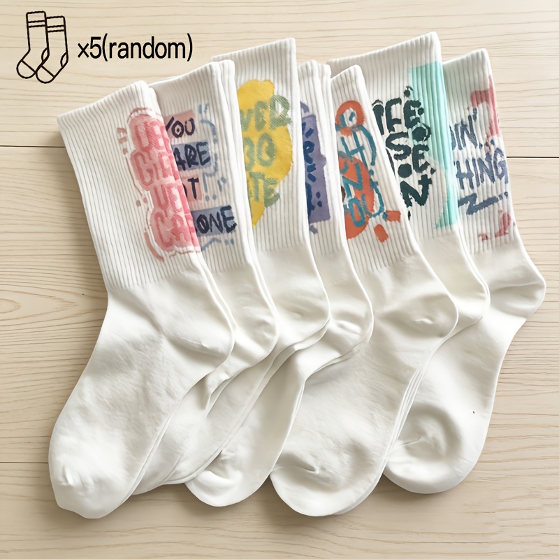 TEMU 5-pair Random Color Women's Fashionable Cool Korean Style High- Graffiti Letter Mid-calf Socks