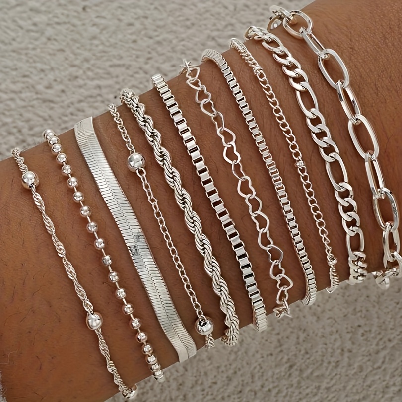 Image of 11 Fashionable And Simple Stacked Bracelets, Heart-shaped Round Bead Bracelet Set Suitable For Daily Wear,, Vacation, Party Participation, Women's Fashion Bracelet