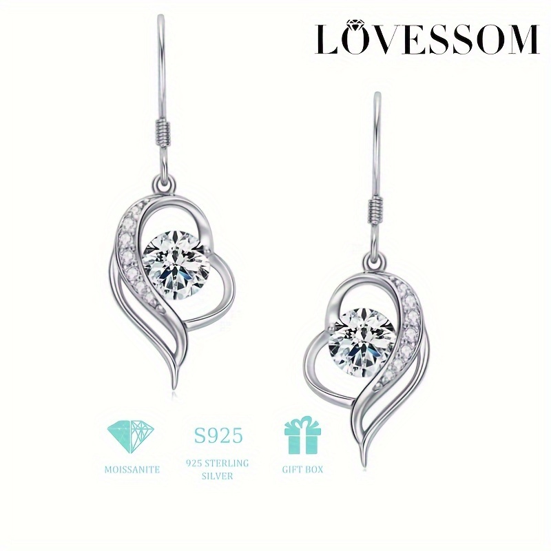 

1pair S925 Sterling Silvery Moissanite Drop Earrings, Heart Shaped Dangle Earrings For Men