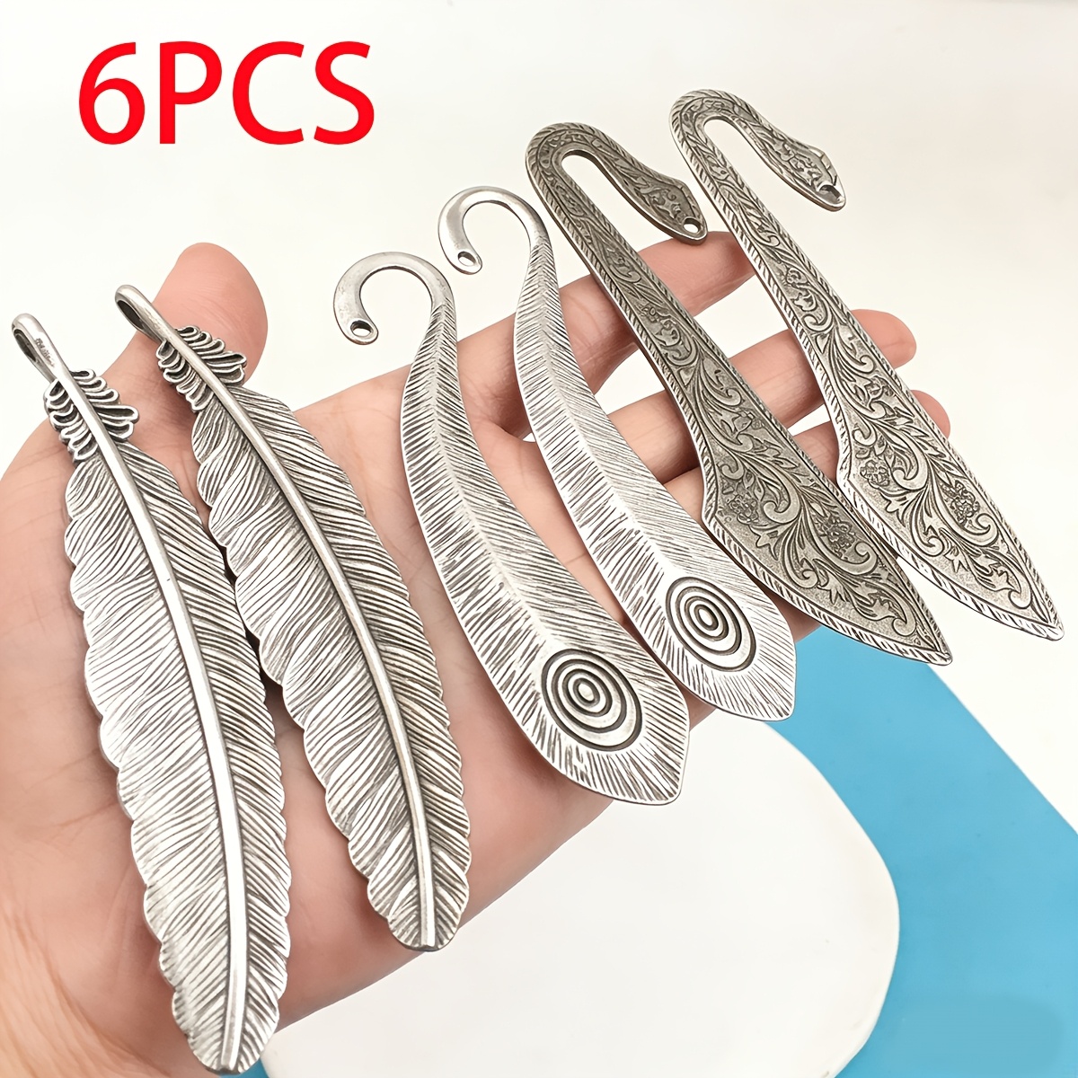 TEMU 6pcs Assorted Vintage Feather-shaped Metal Bookmarks, Classic Silvery And Bronze-colored Exquisitely Carved Vintage Page Markers, School