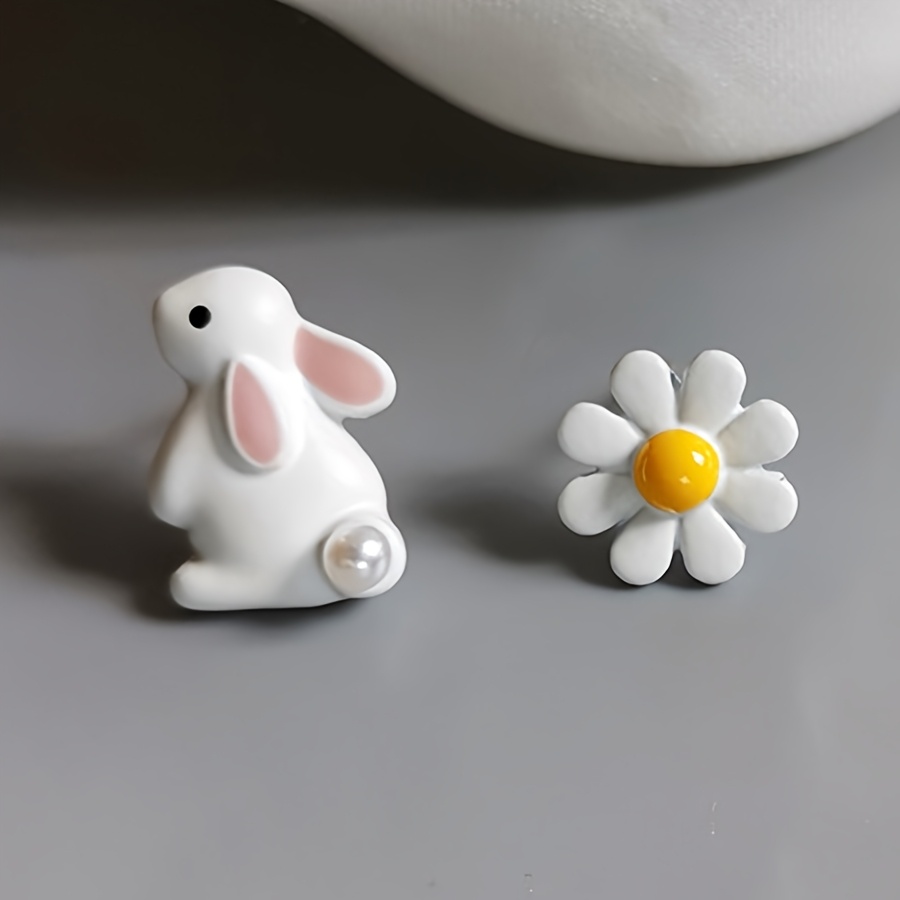 TEMU Pair Of Cute Sweet Asymmetrical Bunny And Flower Stud Earrings For Women's Holiday Birthday Date Party Vacation Shopping Daily Additions