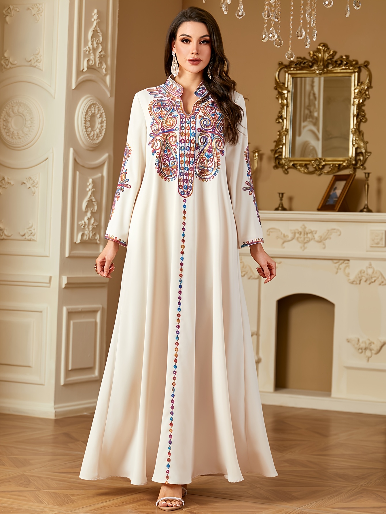 elegant middle eastern arabic line maxi dress v neck long - Temu