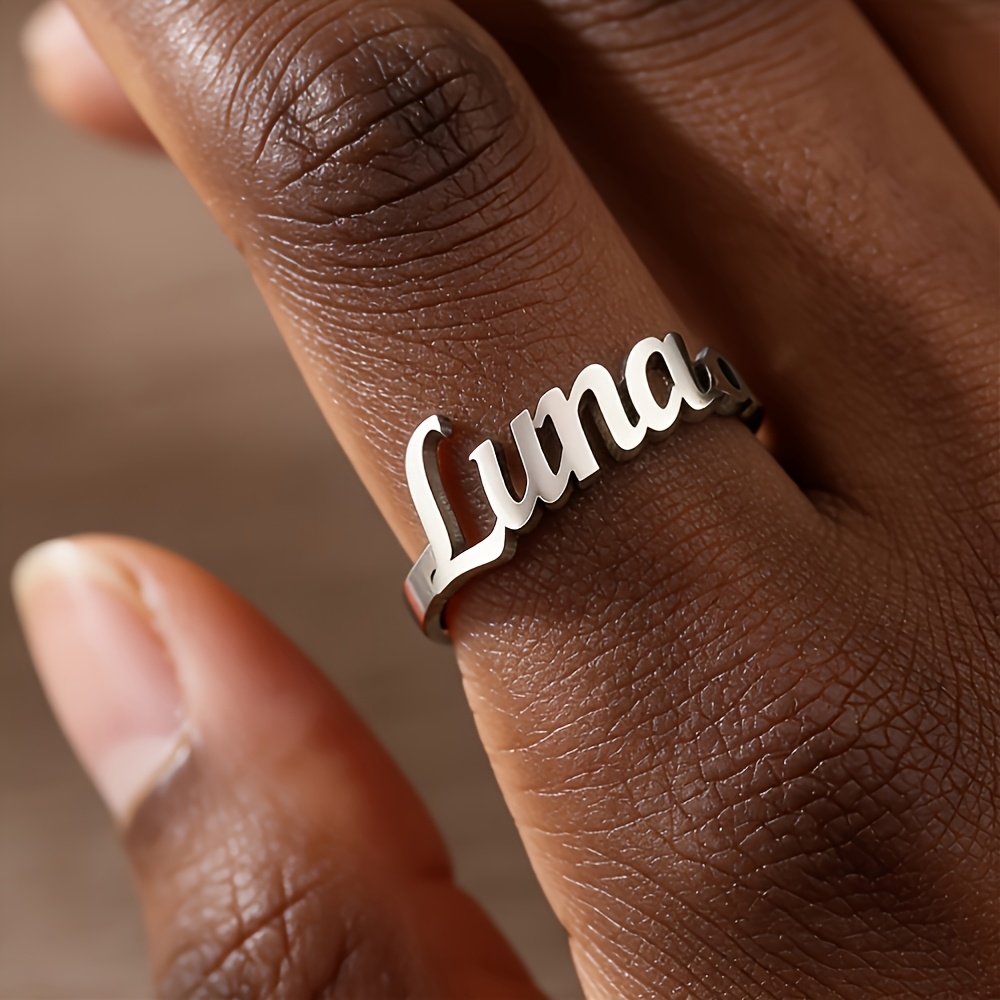 TEMU [custom]personalized Minimalist Trendy 304 Stainless Steel Name - Customized Stylish Letter Name Ring, Elegant Vintage Style, For Her (english