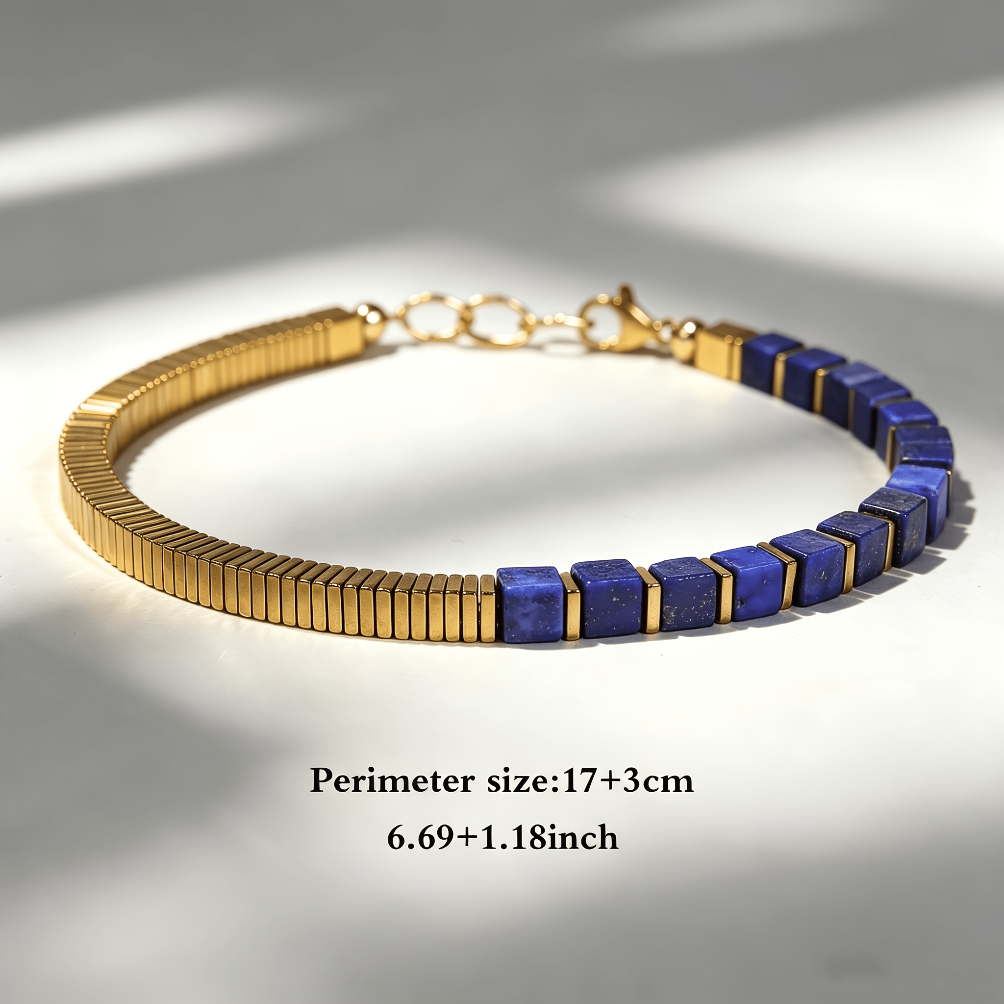 Lapis Lazuli Cube Bead & Hematite Spacers Golden Stackable Bracelet