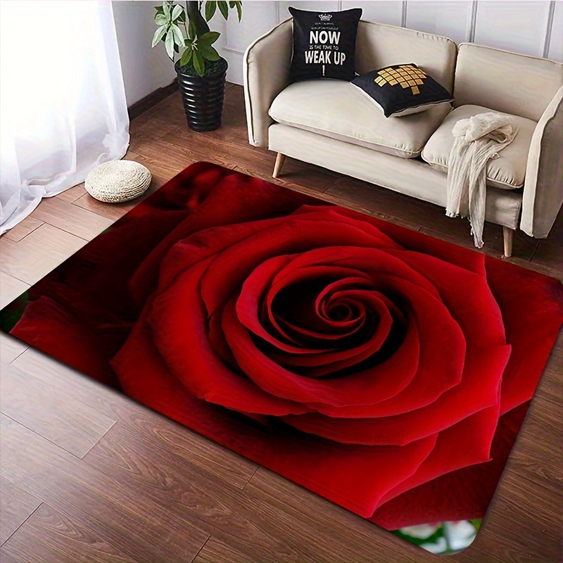 

Chic Red Rose Non-slip Area Rug - Machine Washable Polyester Floor Mat For Living Room & Bedroom, Perfect For Teens, Home Decor Accent