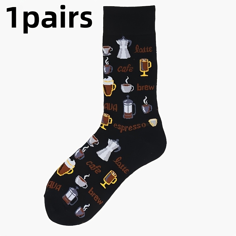TEMU 1 Pair/ Creative Coffee Theme Pattern Socks - Men's Mid-calf Socks, Fashionable Individual High Aesthetic Men's Black Socks, Spring Autumn Thin