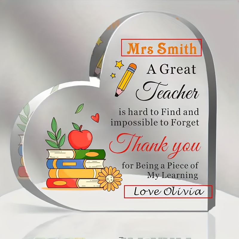 2d flat custom acrylic teacher appreciation plaque heart shaped no power needed with engraved message for special occasions   english text perfect gift for educators classroom decorations for teachers