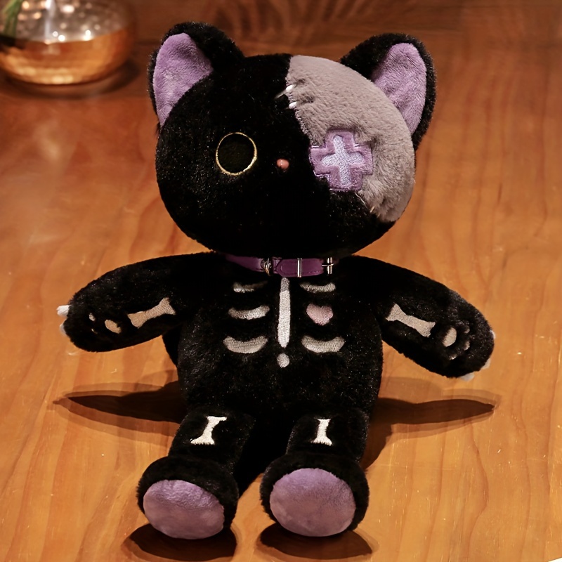 39cm/15.35in Skeleton Cat Plush Toy, Soft Stuffed Cat Doll Terrifying Skull Plush Doll Creative Gifts For Halloween Gift For Cat Lovers