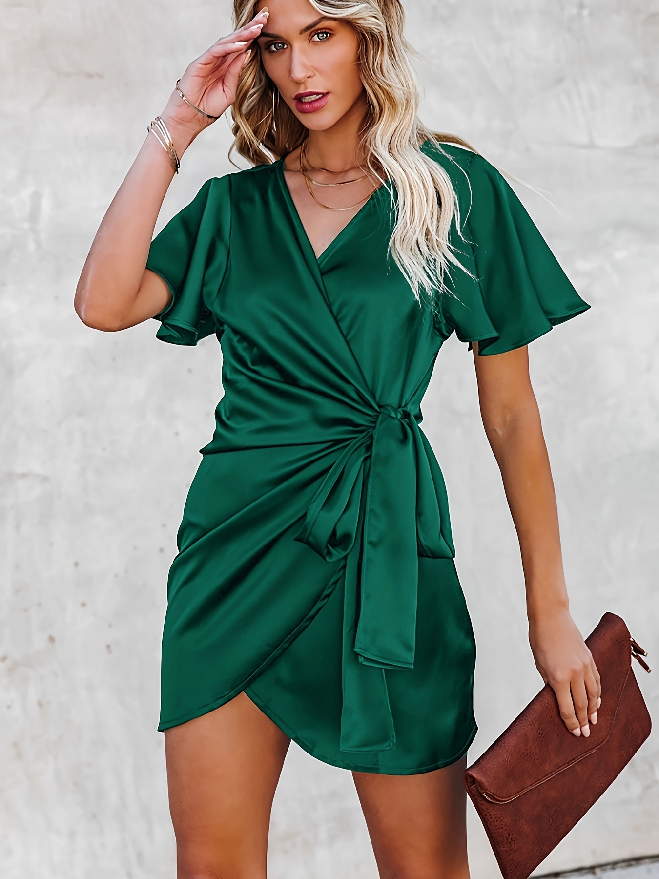 Surplice Neck Wrap Tied Dress, Elegant Short Sleeve Dress For Spring & Summer, Women s Clothing 3