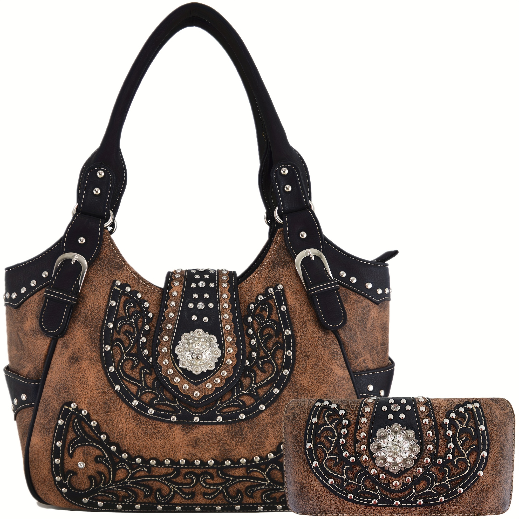 TEMU Western Conceal Carry Purses Crossbody Handbags Wallet Set Brown