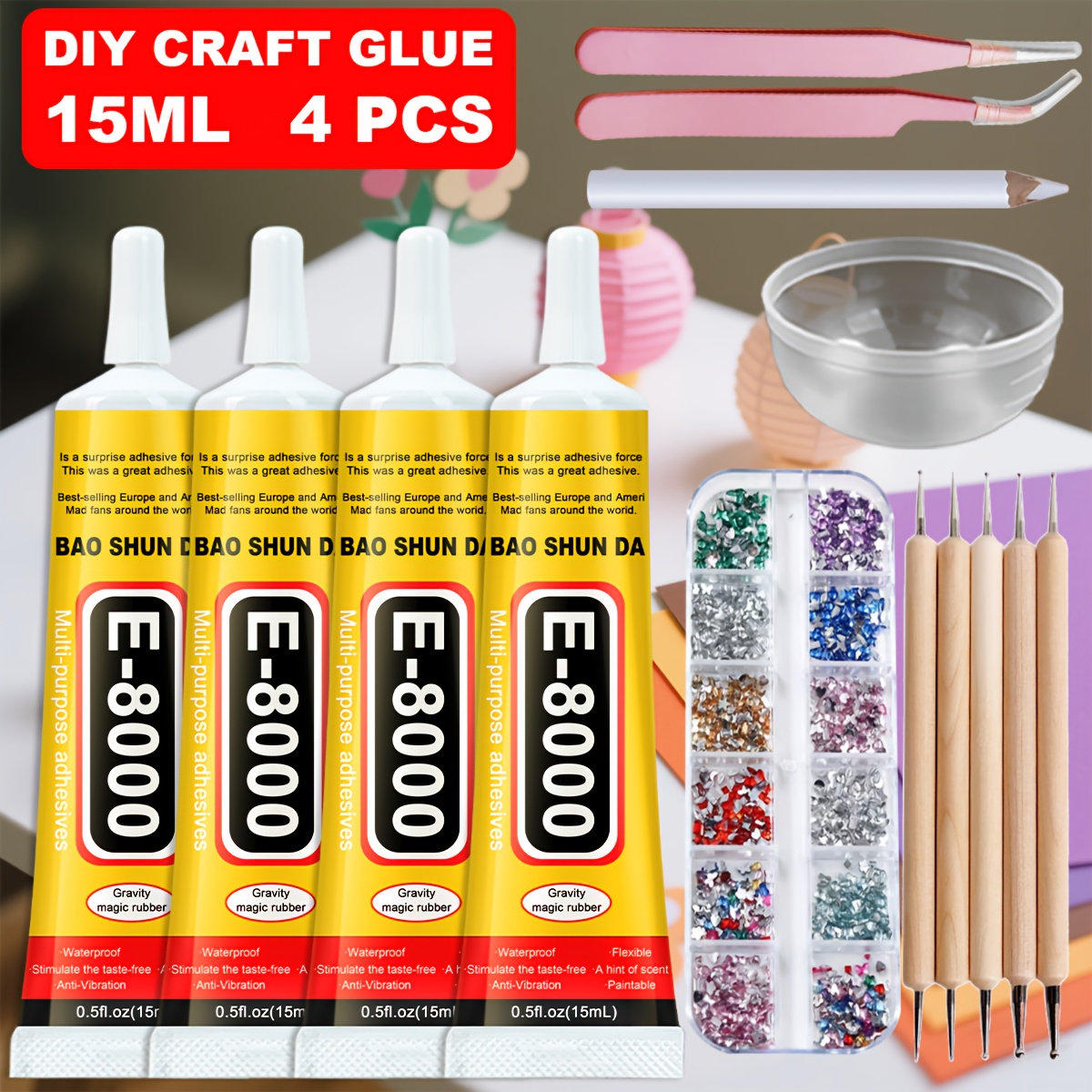 Temu – TEMU 4pcs-e8000 Glue, Transparent, With Tip, Diamond Glue, Craft Glue, Diy Craft Production Set, Super Glue, Leather Glue, Glue, Fabric Glue, Jewelry