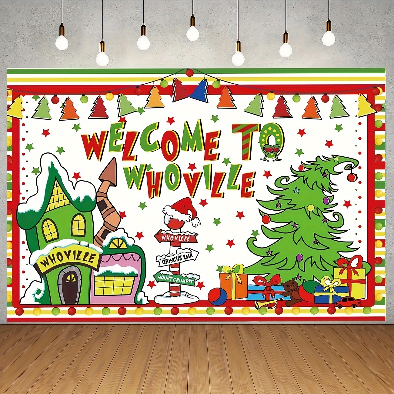 

Welcome To Whoville Christmas Backdrop Banner - Vinyl Holiday Room Decoration For Winter, Christmas Eve, Birthday Parties & Festive Celebrations - Colorful Whoville-themed Photo Booth Background