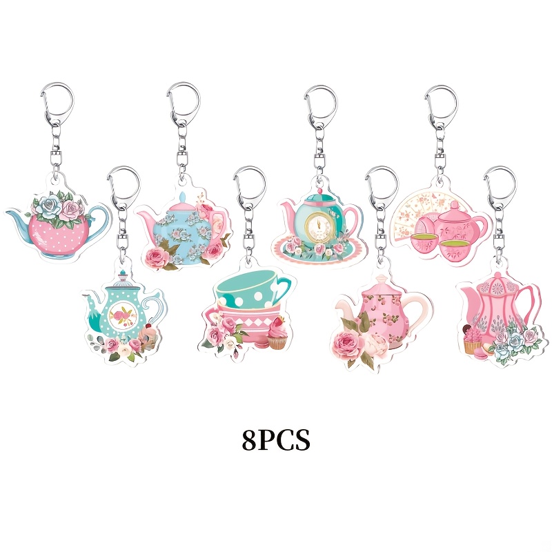 TEMU 8pcs Tea Party Gift Keychain For Her/him, Bulk Floral Vintage Teapot Keychain, Suitable For Spring And , Birthday Gift Decorations