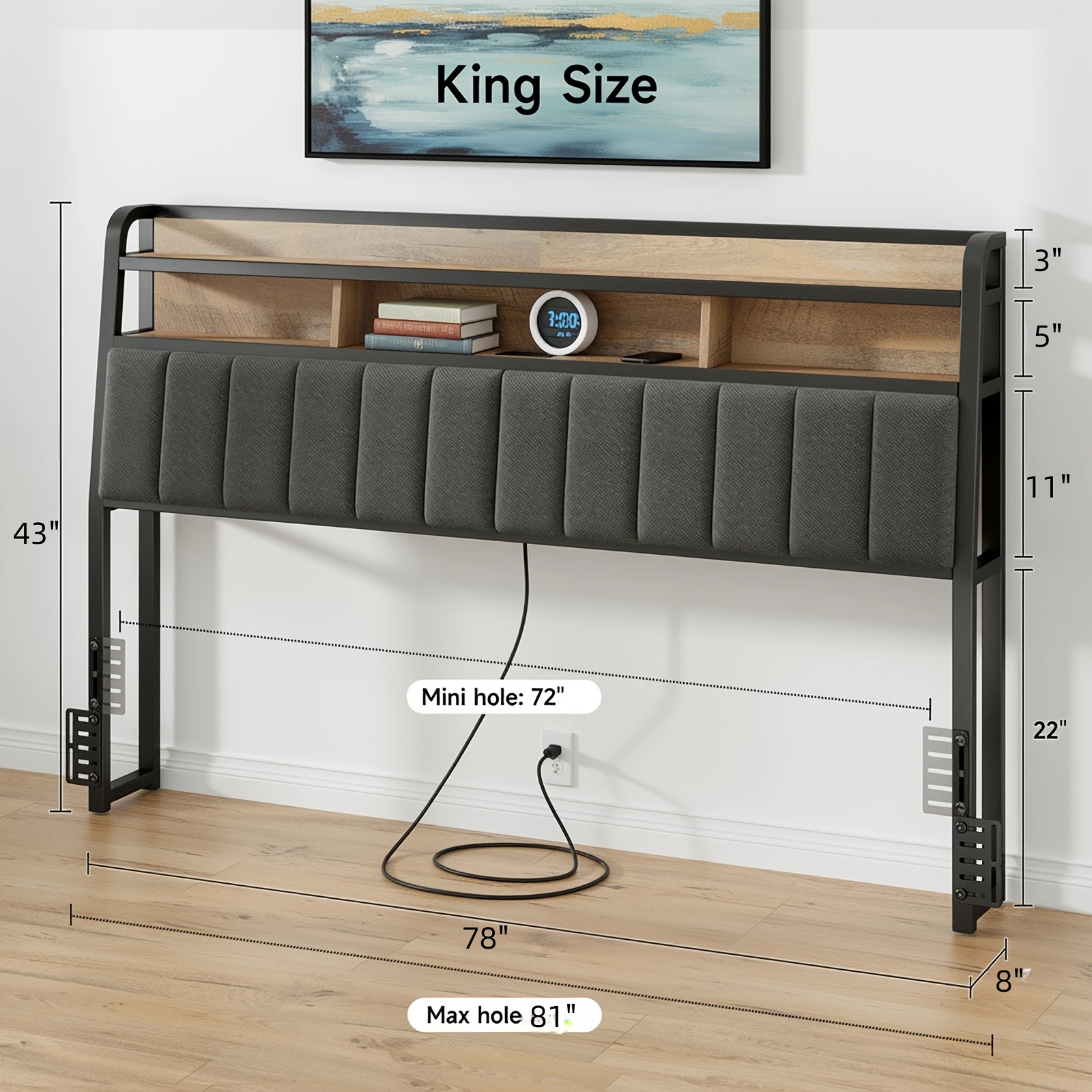 TEMU Headboard For Queen/king Size Bed With Storage, Head Board With Usb & Type C Port, Height Adjustable, Queen/king Head Board Only,, Sturdy And