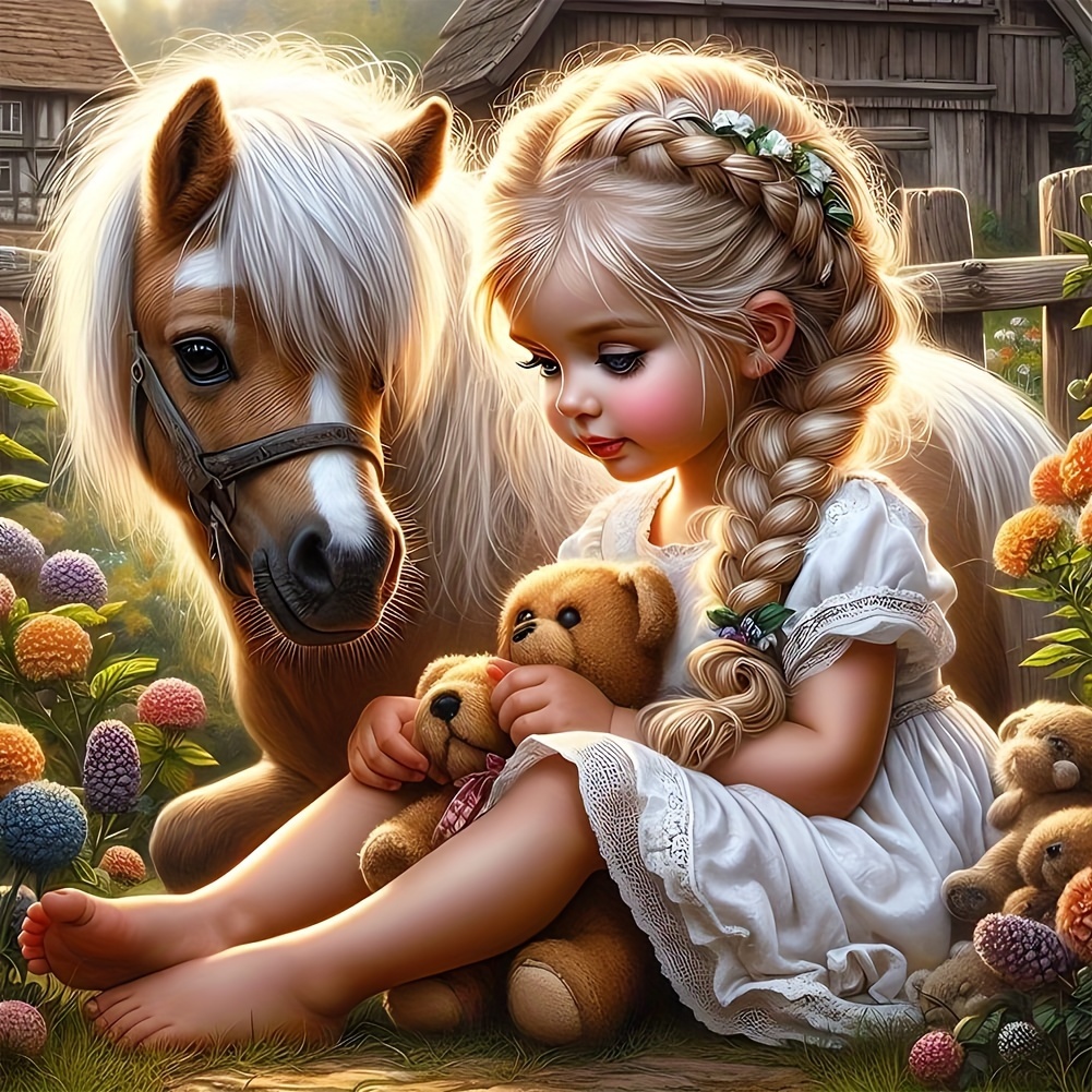 

5d Diamond Painting Kit "girl And Horse" - Round Acrylic Diamonds Full Drill Embroidery Cross Stitch Arts Craft For Wall Decor, Diy Handmade Artwork Gift With People Theme