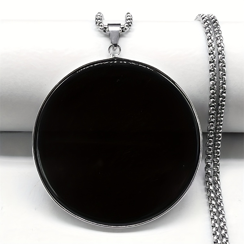 TEMU Fashionable Black Glass Bead Necklace With Stainless Steel Pendant, Men's Jewelry Chain