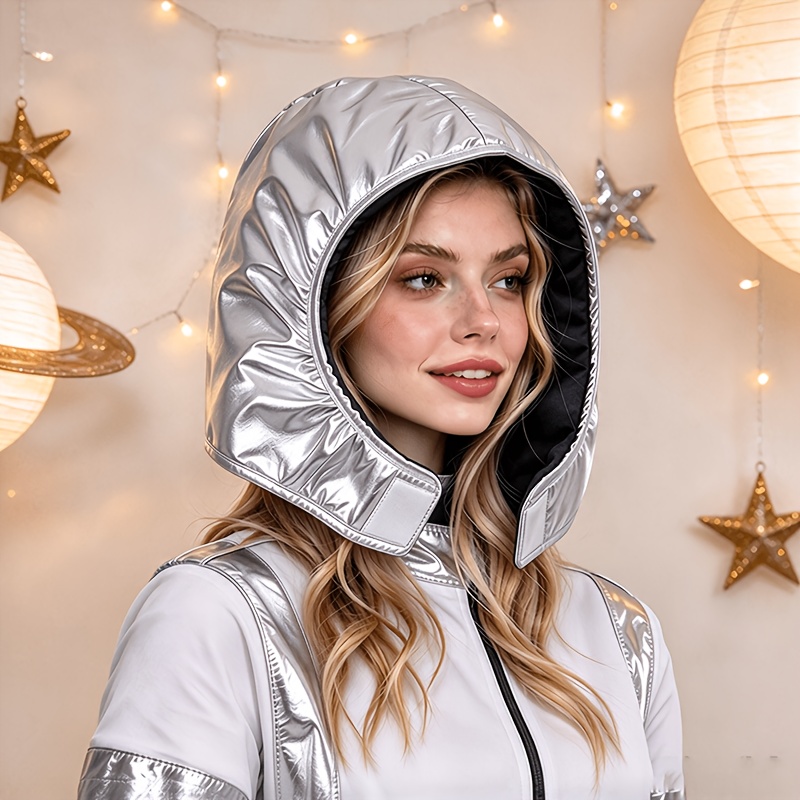 TEMU 1pc, Space-themed Party Astronaut Helmet - Theme Party Costume Hat, Metallic Silvery Full-face Hooded Cape, Sparkling Headpiece, Adult Cosplay