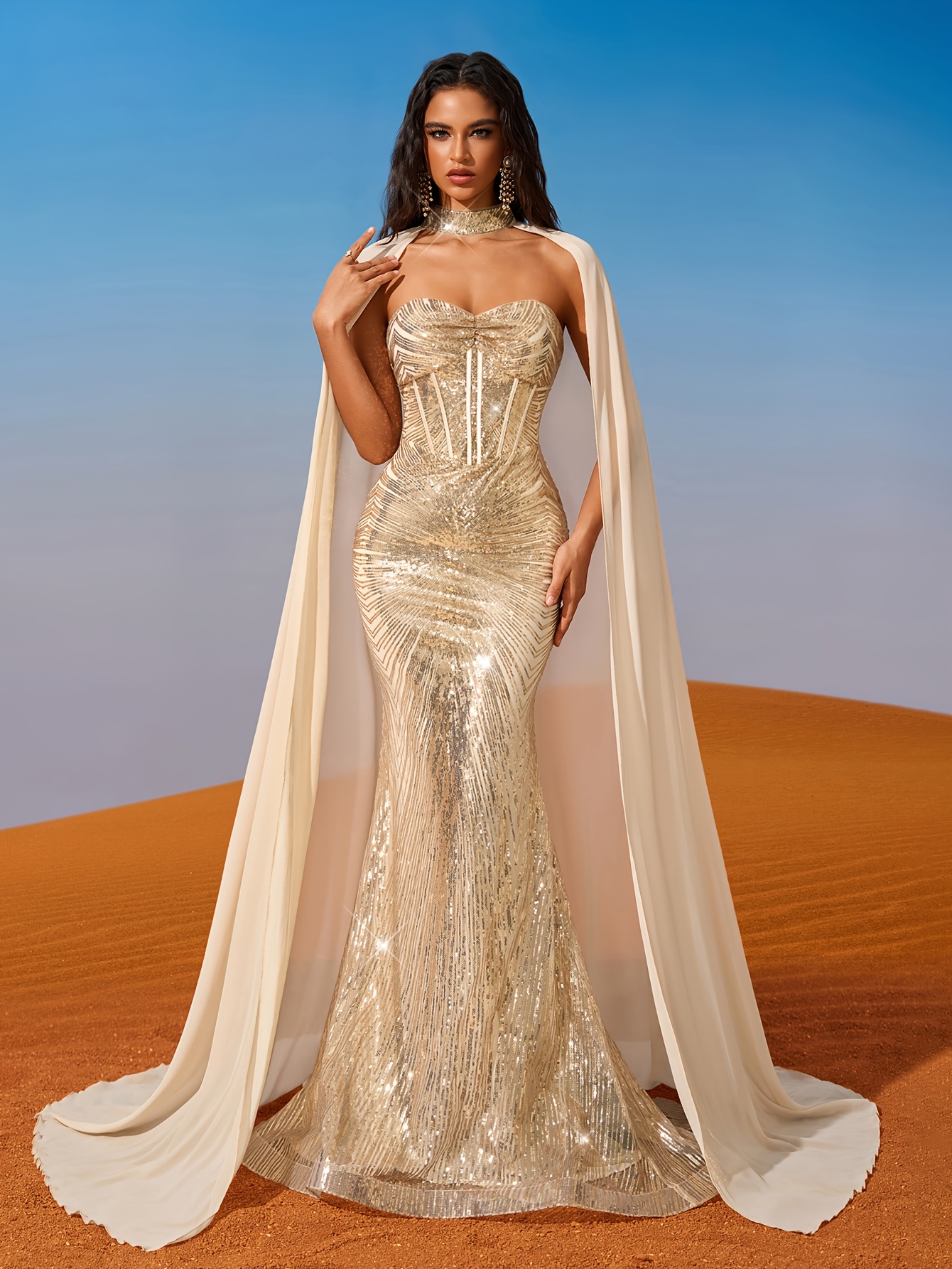 gold chiffon wedding dress Sequin Ball Gown Wedding Dresses Tops Golden Sequin Mermaid Evening Gown High Neck Temu Mauritius Material:Semi-Precious Stones