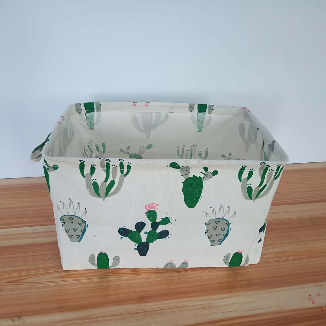 

1pc Cotton Fabric Storage Basket, Modern Foldable Organizer Bin For Desk, Dorm, Snacks, And Car Use, Cactus Print