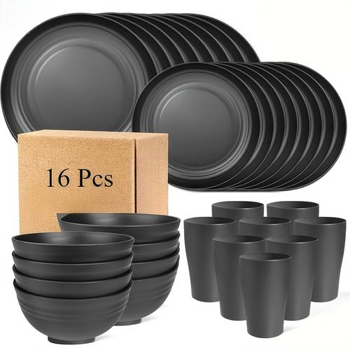 16pcs set unbreakable plates shatterproof dinnerware set microwave dishwasher safe reusable tableware black set 8 plates 4 bowls 4 cups great for camping and everyday use