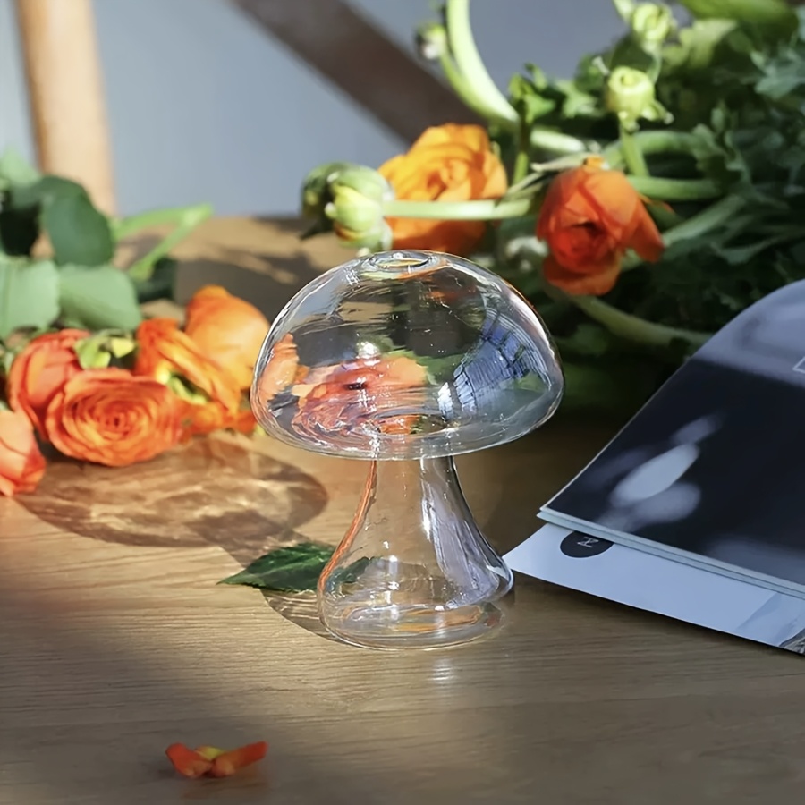 Image of 1pc Of Creative Mushroom Vase, A Transparent Glass Flower Holder Suitable For Decorating Homes, Offices, And Living Rooms, Ideal For Indoor Plant Hydroponics And As A Tabletop Ornament