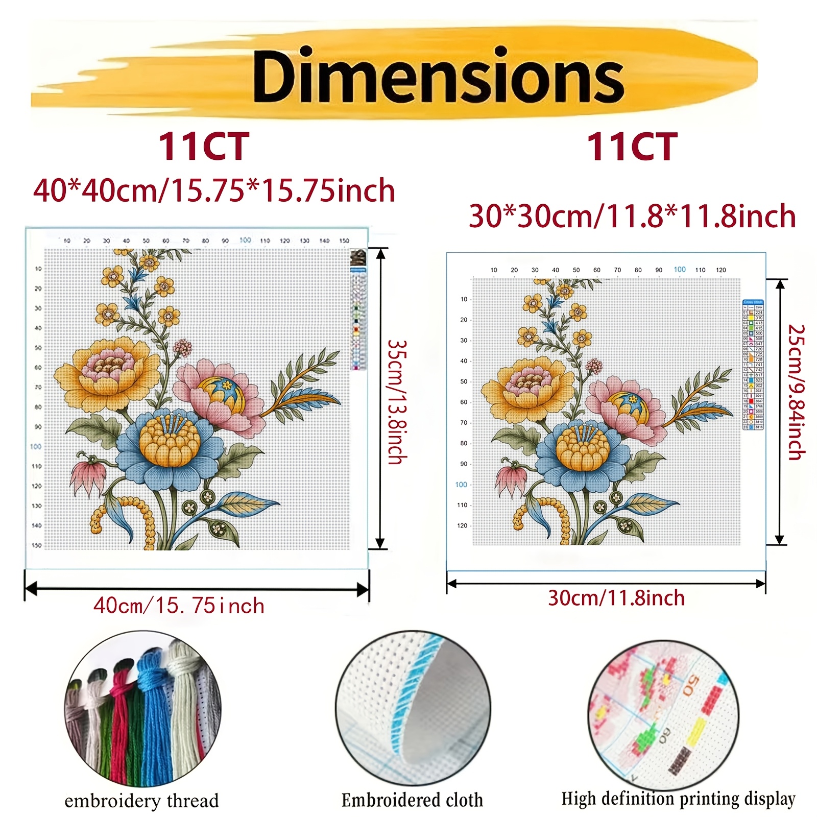 Cross Stitch Printed Kit, Frameless Colorful Floral Illustration