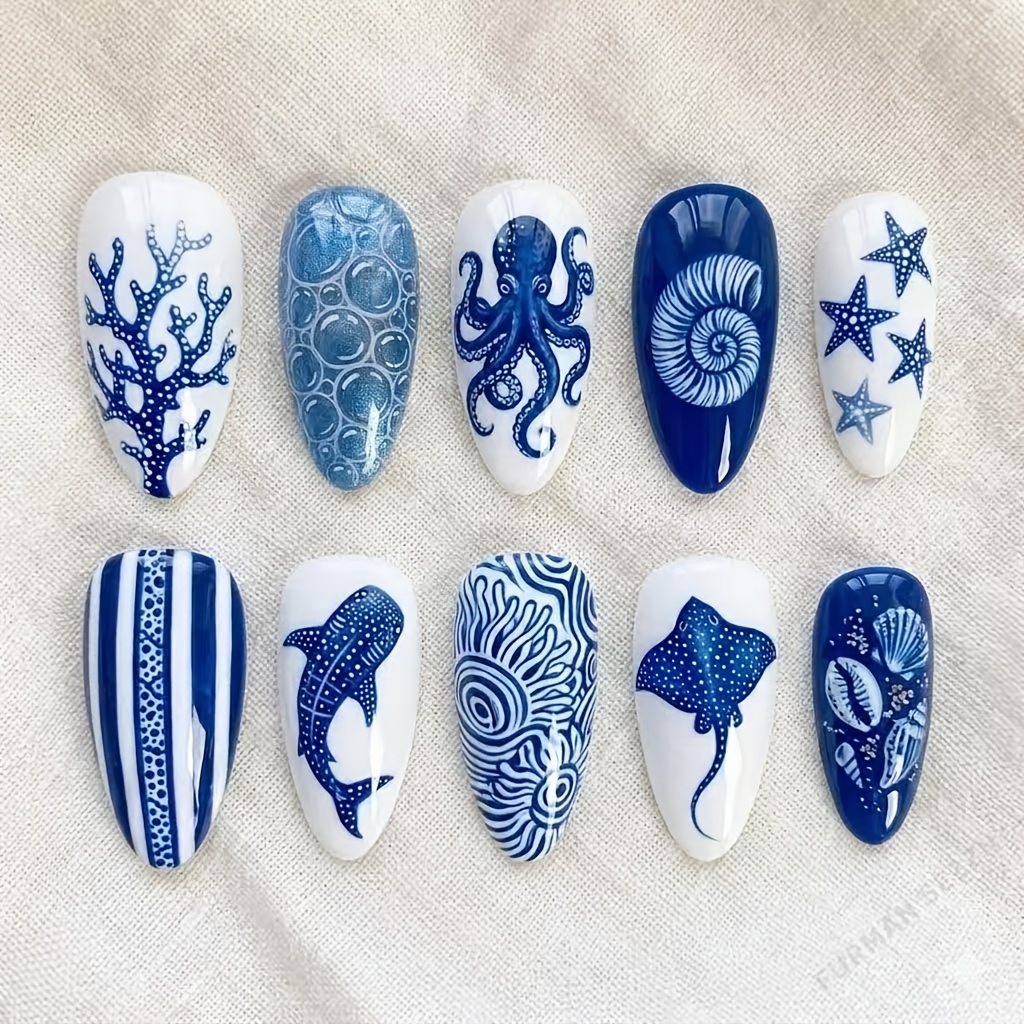 TEMU 10 stuks Blauw en Wit Diepzee Handgeschilderde Marine Serie Press-On Nagels, Octopus Walvishaai Zeester Niche Design Nep Nagels, Herbruikbare