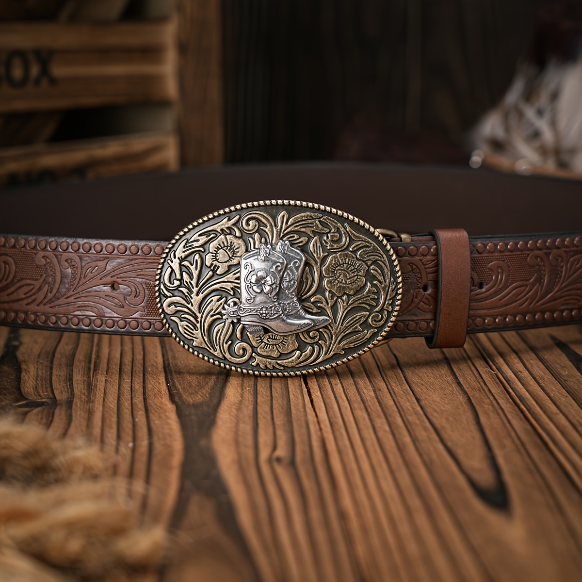 Image of 1 Men's And Women's Casual Western Cowboy Style Embossed Boots Pattern Metal Beaded Pu Belt