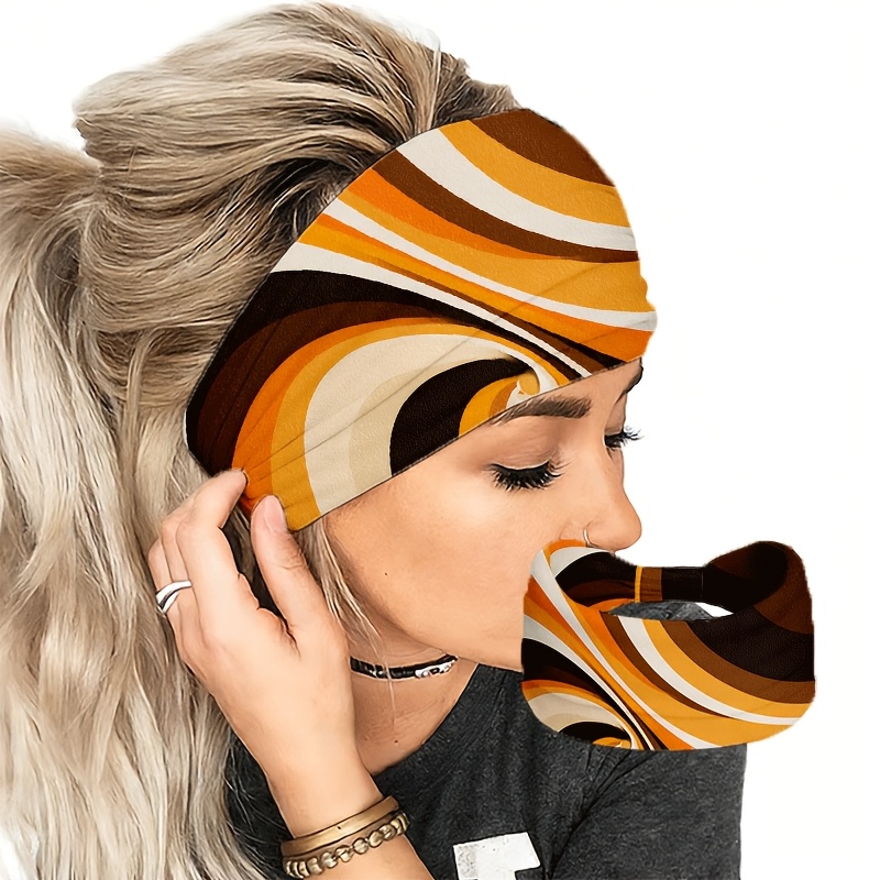 TEMU Bandeau de sport rétro orange marron rayé à large bande, foulard multifonctionnel, masque 2-en-1