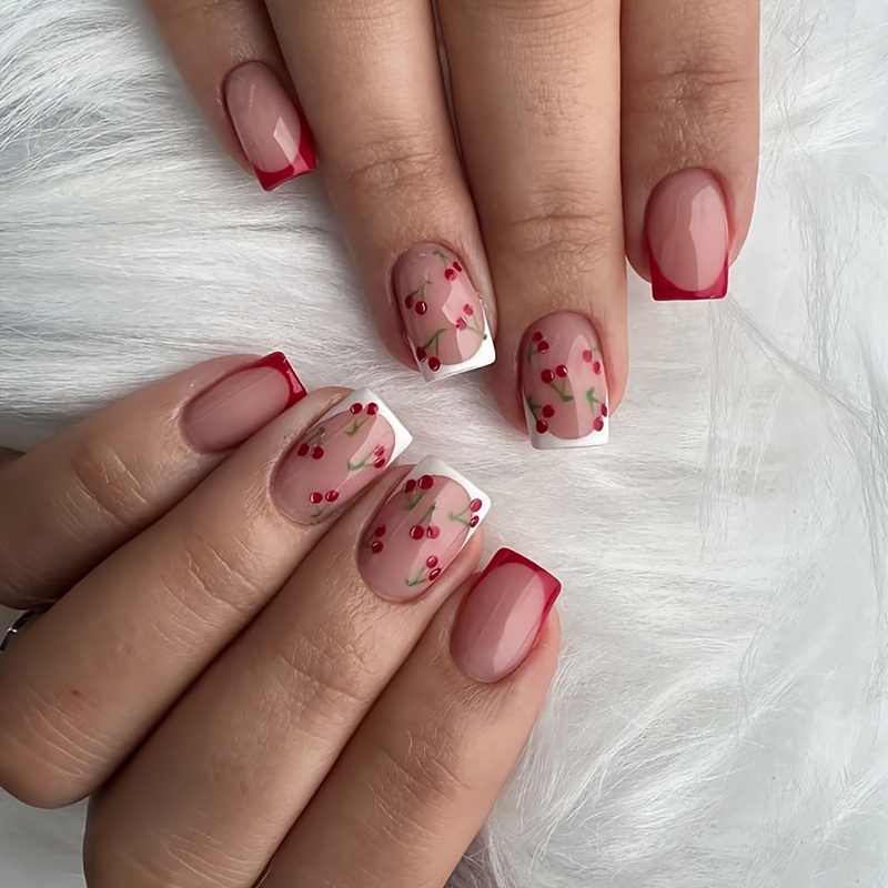 TEMU 24pcs Short Square Press-on Nails - Cherry French Design With Pink & Red Ombre Glossy Finish, Reusable Fake Nails With Jelly Glue & Nail File For Spring Summer Manicure, Quick , Nail Accessories