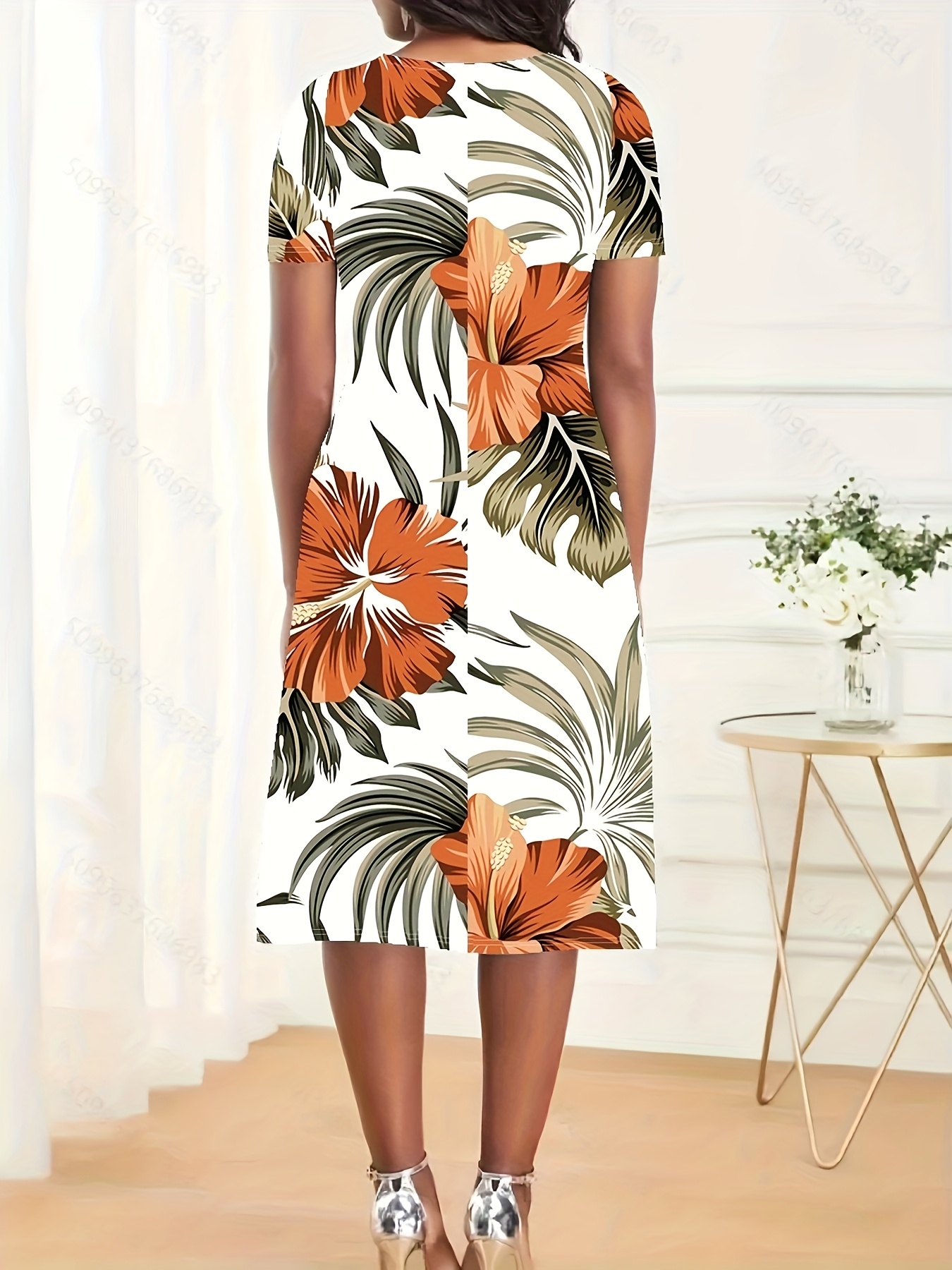 plus size womens floral print dress short sleeve round neck - Temu Mauritius