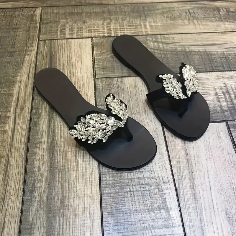 womens fashion rhinestone embellished flat sandals solid color slip on flip flops with fiber and corduroy upper pvc inner and insole open toe casual summer shoes details 5