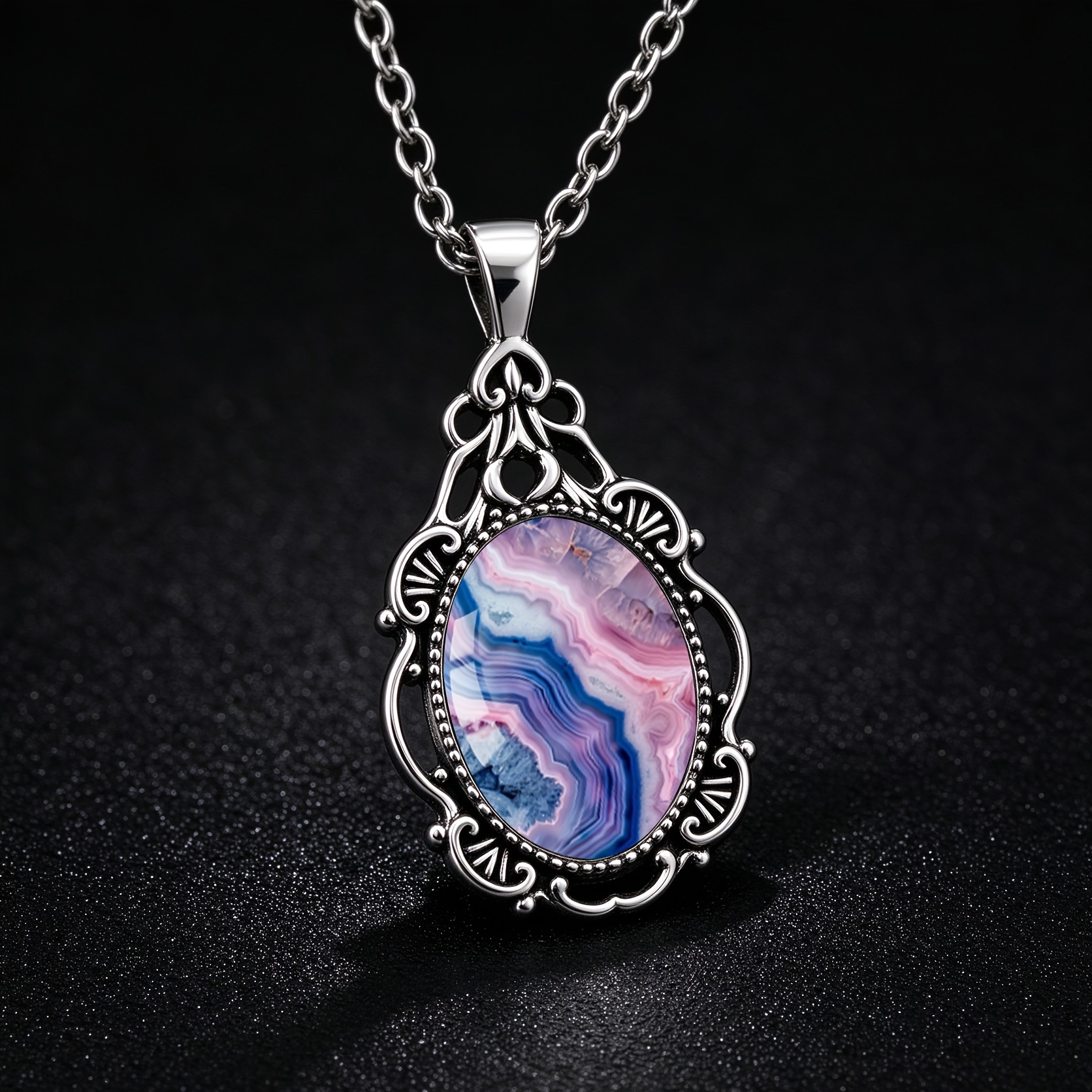 Pink-Purple Blue Agate Texture Oval Glass Pendant Necklace