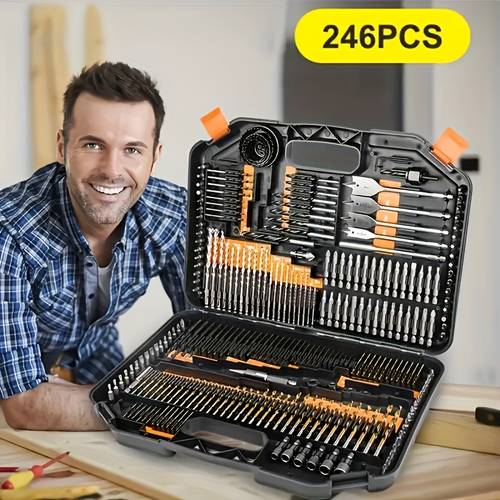 246pcs drill bit set with storage box hss spiral drill bits with titanium coating for wood and metal cutting drilling and polishing drill bit set with protective gloves