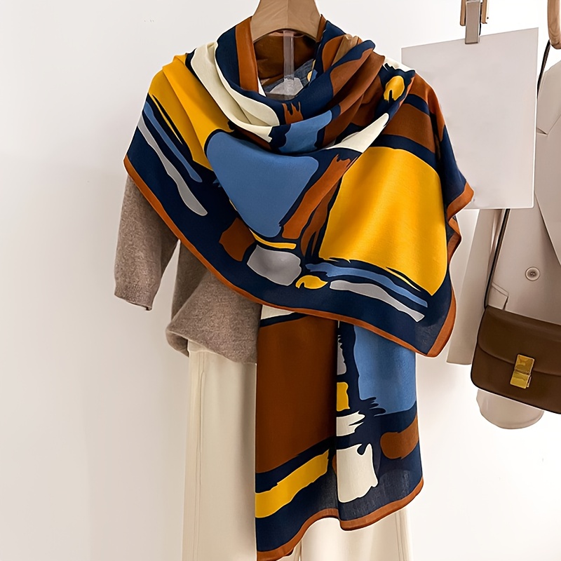 TEMU Foulard Contrasté pour Femmes, Imprimé Géométrique Multi-Couches avec Style Rétro, Tissu Fluide Non-Compresseur, Convient aux Pulls et Manteaux
