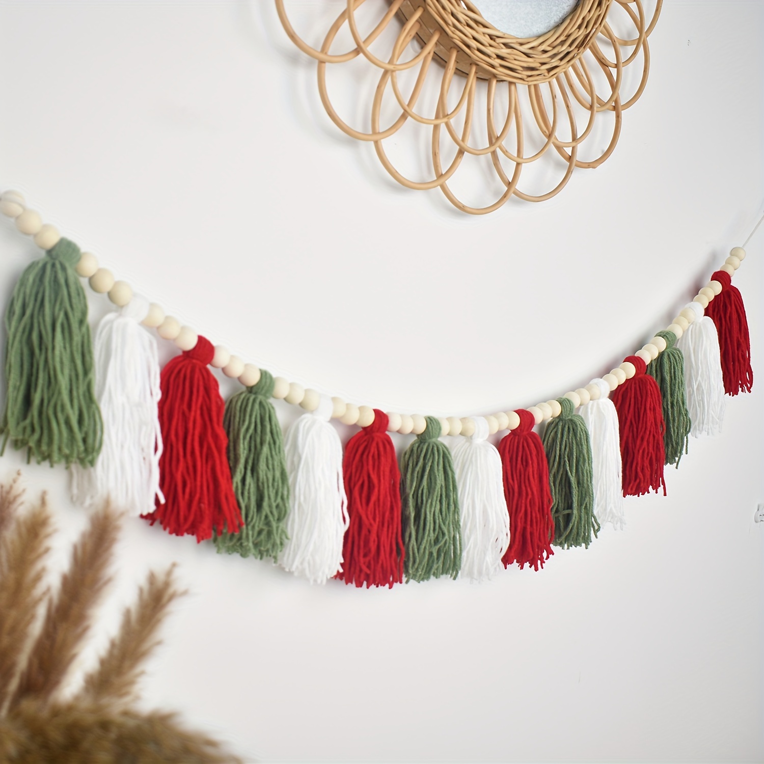 

Christmas Tassel Garland - Red, Wooden Beads - Festive Holiday Party Decorations, Christmas, Red White Green Tassel, Garland, Party Supplies