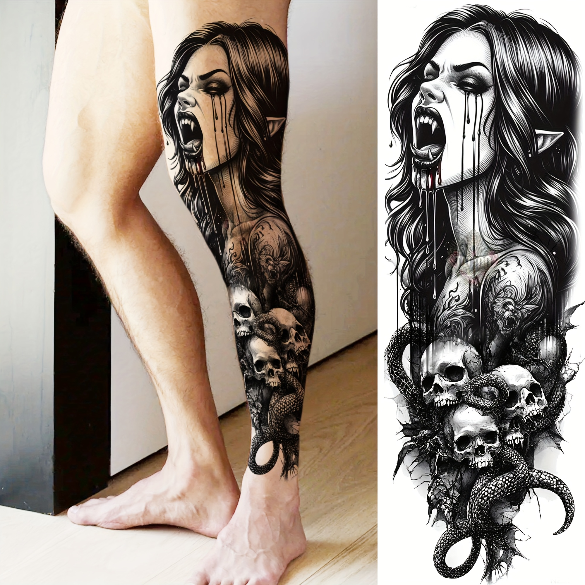 1pc Full Sleeve Black Gothic Halloween Tattoo - Skulls, Vampires, Devils, Zombies, Death Theme - Waterproof & Durable Temporary Tattoo for Adults - Ideal for Arms, Legs, and Feet - Halloween Tattoo | Gothic Design | Detailed Tattoo Art