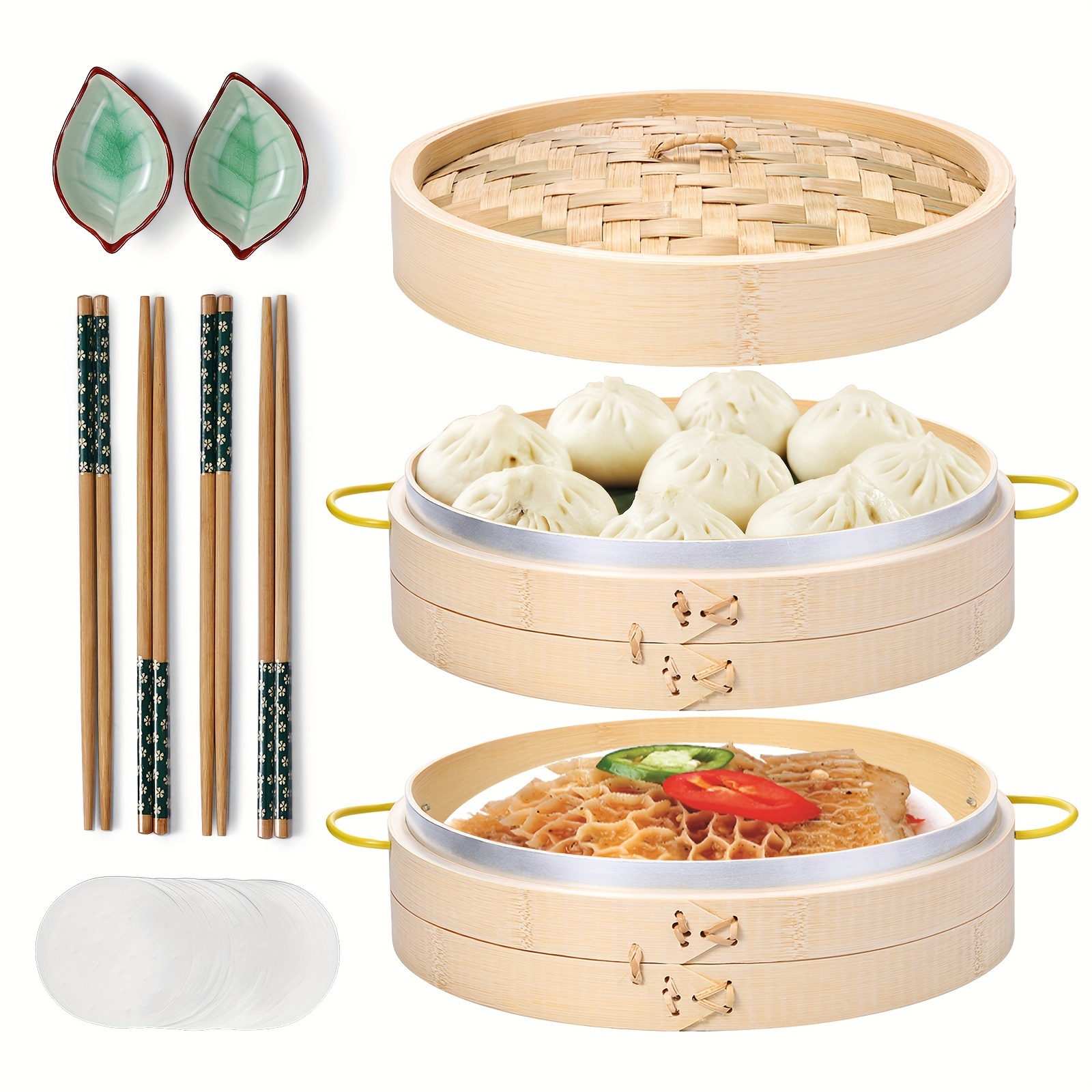 

Bamboo Steamer Basket Set 10 Inch Dumpling Steamer For Cooking, With Side Handles Chopsticks Dishes Paper Liners, For Dim Sum Dumplings Buns Rice Gift Set