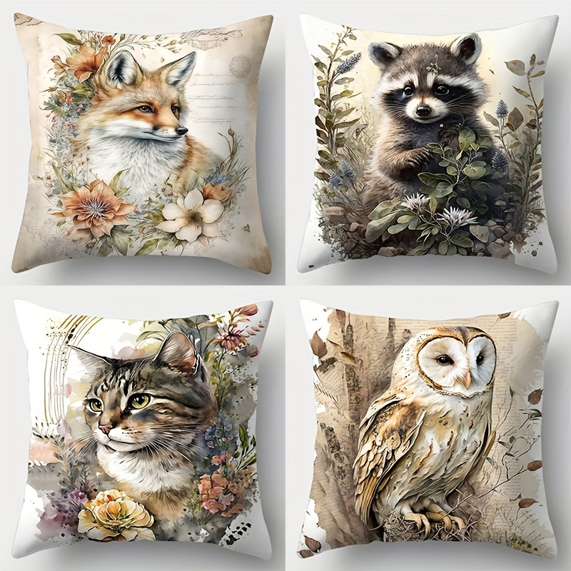 

4-piece Animal Throw Pillow Covers Set - Owl, Fox, Bear & Cat Designs, 17.7x17.7 Inches, Vintage Style, Zip Closure, Polyester, Hand Wash Only (inserts Not Included)