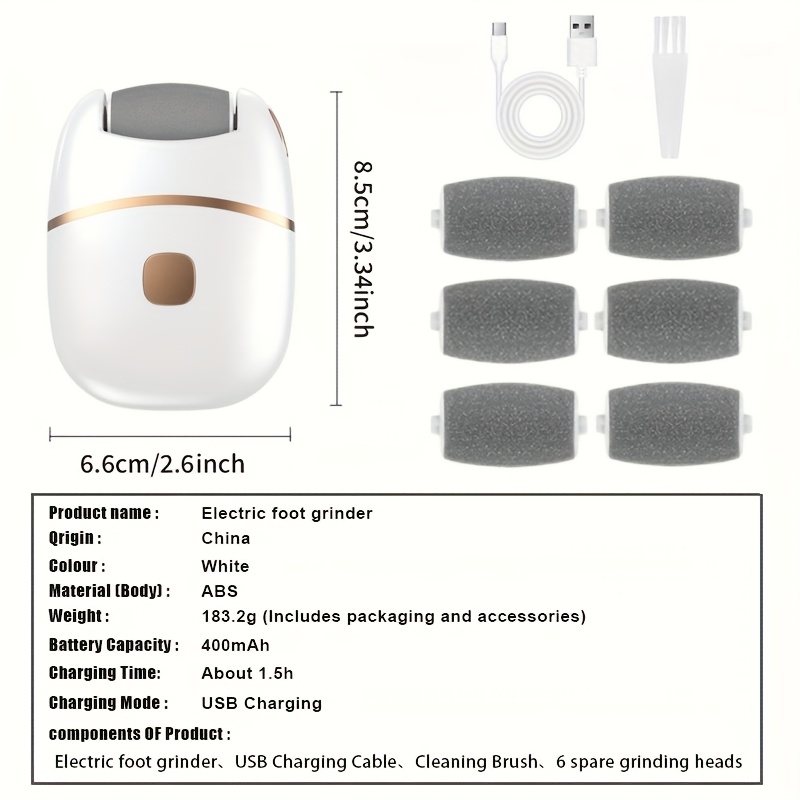 Rechargeable Electric Foot Exfoliator with 6 Replaceable Heads, for Dead Skin Removal and Polishing, USB Powered, a Smooth Two-color Design (White and Golden), Ergonomic Handle for Comfortable Use - Image 4
