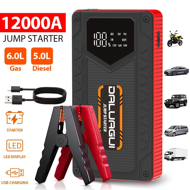 TEMU 12000a Jump Starter With Digital Tire Inflator, Window Breaker Hammer, For 12v Car/truck/suv/rv/motorcycle (6.0l Gas/5.0l ), Led Display, 3-mode