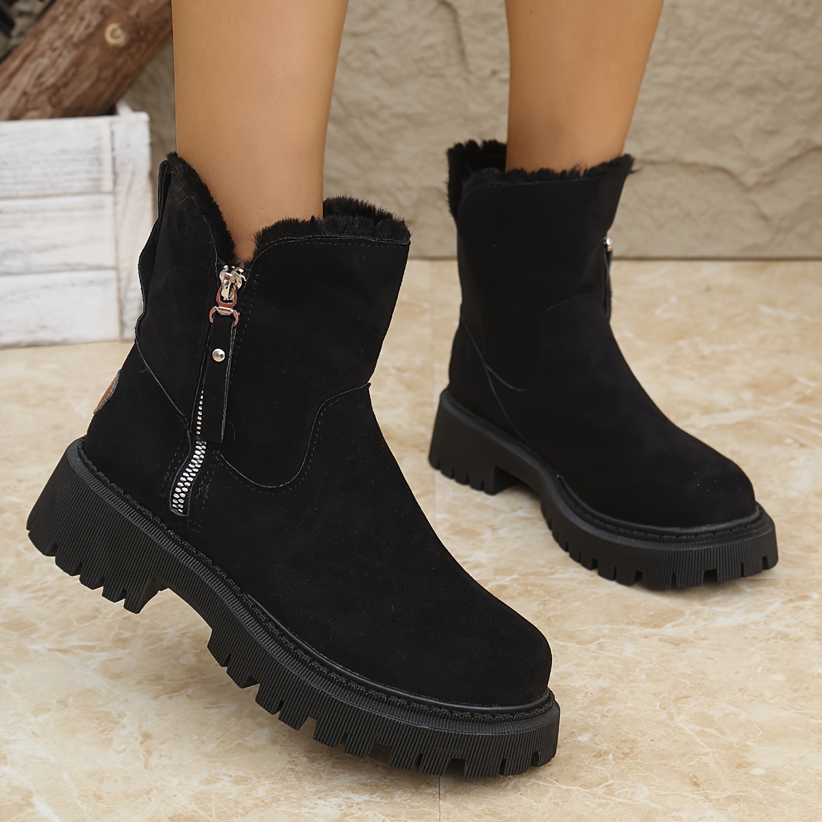 

Women' Color Fluffy Boots, Side Zipper Soft Sole Platform Warm Lined Boots, Winter Non-slip Snow Boots